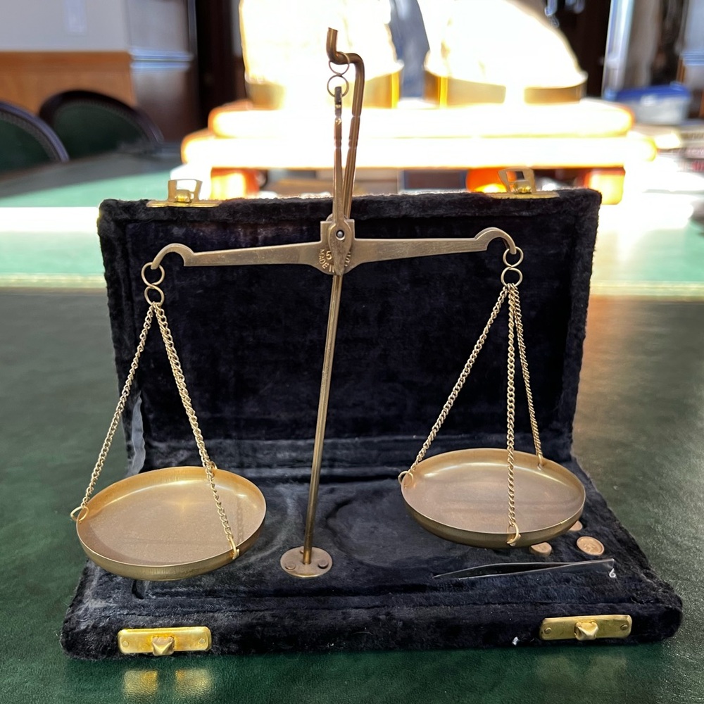 Vintage Antique Brass Indian Apothecary Scale with Velvet Lined Case